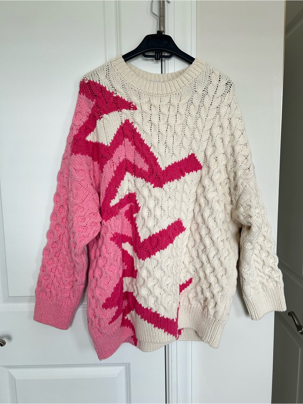 Zara Cream & Pink Cable-Knit Oversized Sweater
